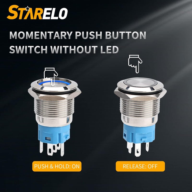STARELO 5pcs 19mm Momentary led Push Button Switch Sliver Shell, IP65 Waterproof Push Button Switch,1NO 1 NC with Wire Socket Plug,Self-resetting with LED(Blue). - Image 4